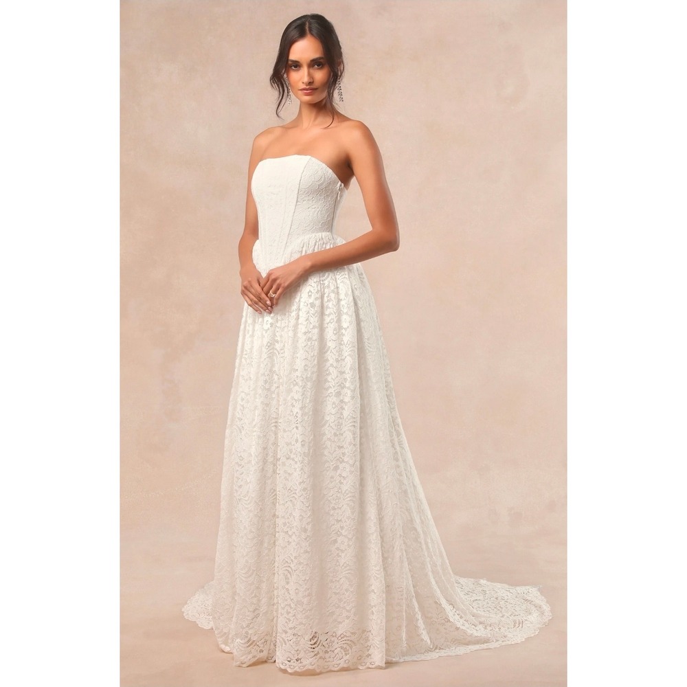 Lulus Shiori White Lace Bustier Basque Waist Strapless Maxi Dress L Women Bridal